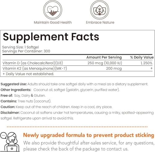 RIOWEGO Vitamin D3 + K2 w/Coconut Oil,Vegan Vitamin D 10000IU & Mk7 Vitamin K 200 mcg for Bone, Immune & Heart Support | Easy to Swallow-Non-GMO-300 Softgels - Thumbnail 2