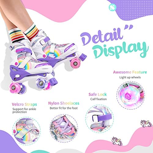 SULIFEEL Rainbow Unicorn 4 Size Adjustable Roller Skates for Girls Boys for Kids Ages 3-5 5-8 6-12 Children Skates Indoor Outdoor - Thumbnail 3