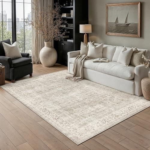 HUGEAR 5x7 Area Rugs Machine Washable Retro Grey Living Room Bedroom Rug Distressed Vintage Neutral Stain Resistant Non Slip Low Pile Throw Carpet for Home Aesthetic Decor - Thumbnail 2