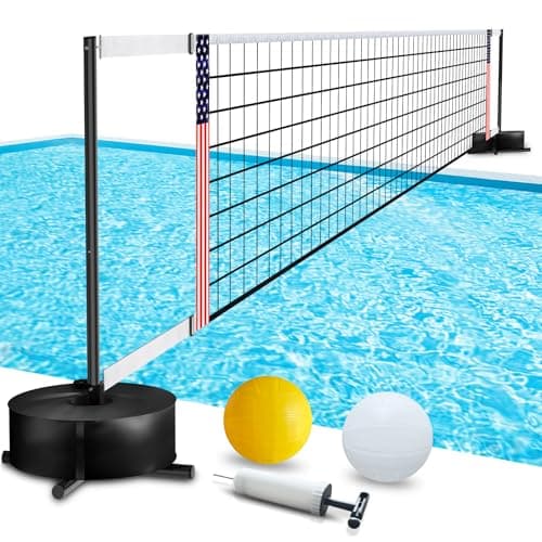 Portable Pool Volleyball Net System -4th of July Celebration Adjustable 16.5-26.5FT Length Net Includes 2 Water Volleyballs, Heavy-Duty Water-Filled Base Perfect for Pickleball, Tennis & Pool Games - Image 1