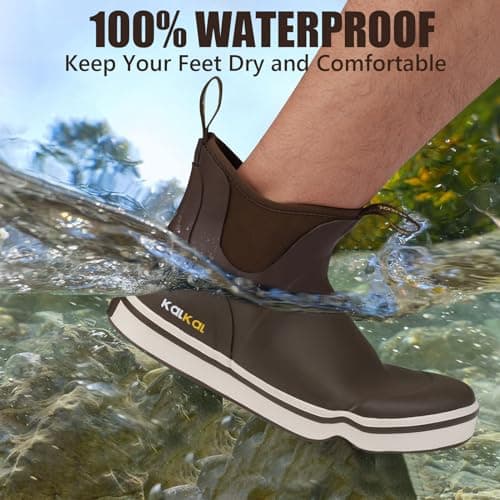 Kalkal Men's Deck Boots Anti-Slip Saltwater Fishing Rain Boots with Memory Foam, Waterproof Rubber Ankle Work Boots for Sailing (Dark Brown, Size8) - Thumbnail 6