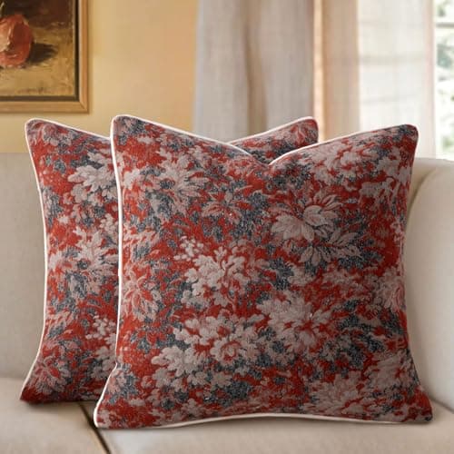 Haguko Pack of 2 Vintage Floral Throw Pillow Covers 24x24 Tapestry Chenille Euro Sham Covers Soft Decorative Farmhouse Square Accent Pillow Cases for Couch Bedroom Living Room Home Decor, Rust - Image 1