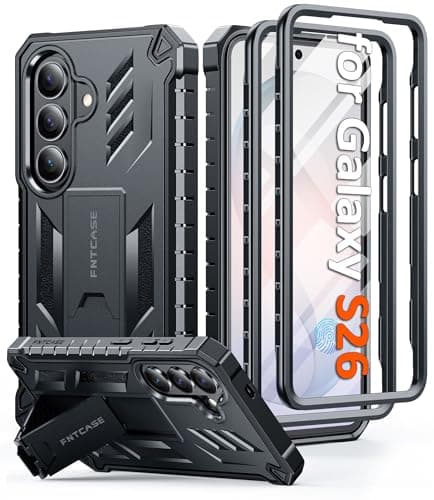 FNTCASE for Samsung Galaxy S26 Case: [Built-in Screen Protector & Kickstand] [2 Front Frames] [Military-Grade Drop Protection] Heavy Duty Shockproof Rugged TPU Case Full Body Protective Black