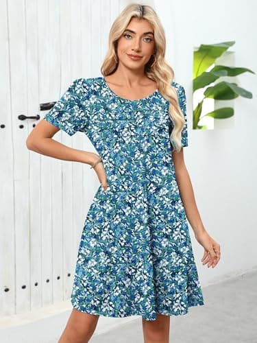 Heymoments Women's Short Sleeve Dress Floral Print Small Round Neck Casual Flowy Midi Sundress Comfy Tshirt Ladies Teachers Summer Beach Swing 2026 Novelty Dresses with Pockets - Thumbnail 5