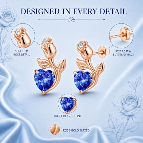 JACUPO 0.8CT Rose Heart Earrings Option of Sapphire Moissanite Stud Earrings Lab-Grown Earrings Birthstone Earrings for Women S925 Sterling Silver Post D Color VVS1 Clarity Ideal Gift for Wife Mother for Birthday Anniversary Valentine's Day Conveying I Love You Message (Sept Sapphire Rose Gold)) - Thumbnail 3