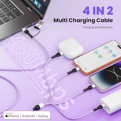 Jogrytece Dual Type-C 4-in2 Multi Charging Cable 5FT, Travel Essential for Airplane & Cruise Trips, USB A/C to Dual USB C/IP/Micro USB, Compatible for iPhone 17-8, Android, iPad, Galaxy, Tablet - Thumbnail 2