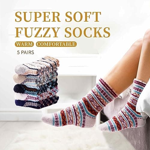 ICEIVY 5 Pair Fuzzy Cozy Fluffy Socks for Women, Warm Comfy Soft Casual Home Sleep Winter Wool Socks, Gifts for Women - Thumbnail 2