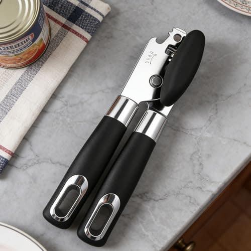 Icoget 2-In-1 Basics Multi-function Manual Can Opener, Stainless Steel and Black Ergonomic Handle Bottle Opener - Image 1
