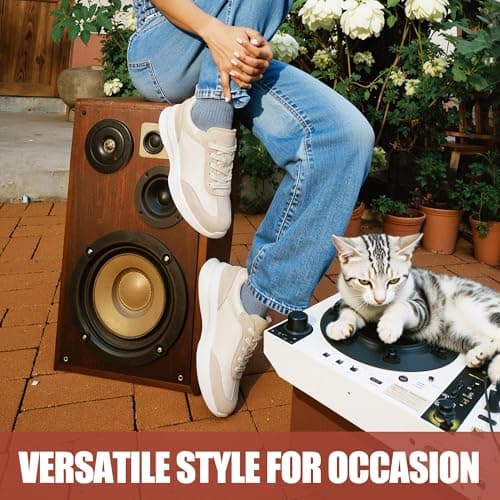 Vepose Women's Beige Pu Lightweight Platform Sneakers Chunky Casual Tennis Shoes, Memory Foam Non Slip, Suede Pu Lace Up, Everyday Walking Travel Office Size 6.5(CJY8216 Beige pu 06.5) - Thumbnail 2