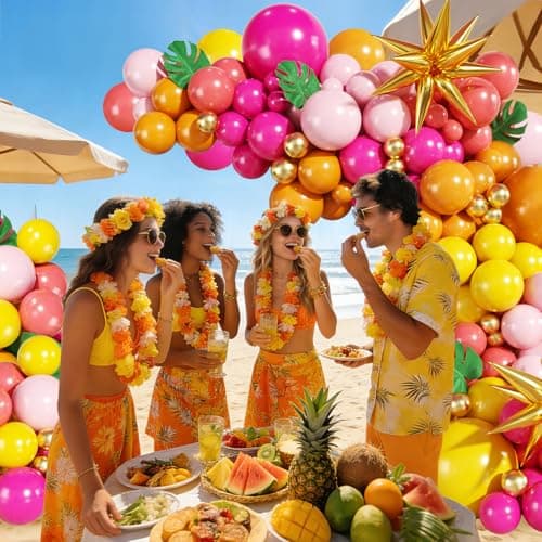 Tropical Balloon Arch Kit 140Pcs Pink and Orange Balloon Arch Kit Include Hot Pink Orange Yellow Pink Gold with Foil Star Balloons for Hawaiian Luau Aloha Theme Baby Shower Birthday Party Decorations - Thumbnail 5