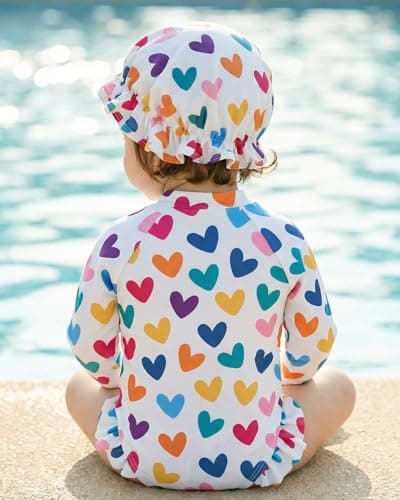 DivingBirds Baby Girls Long Sleeve Swimsuit with Hat, Toddler Girls Bathing Suit with Snap and Zipper Heart Print for 2-3 Years - Thumbnail 2
