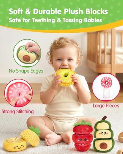 hahaland Stacking Rings Baby Toy - Soft Sorting & Stacking Fruits with Wooden Stacker, Threading Toy 12 Months+ Developmental Color Matching Montessori Toys 1 Year Old Boy 1st Birthday Girl Gifts - Thumbnail 4