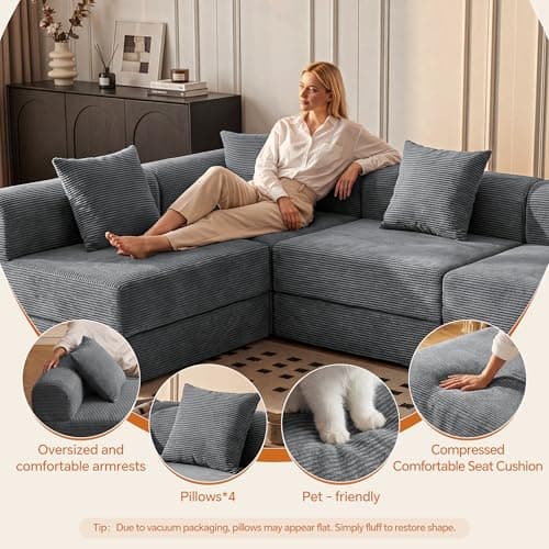 ceamorfco 112 Inch Modular Cloud Couch Sectional with 4 Pillows, Corduroy 4-Seat Convertible Sofa Bed for Living Room, Deep Seat Floor Sofa, High-Density Foam Modular Sectional Sofa, Grey - Thumbnail 6