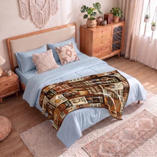 Nxchptr1 Retro Music Throw Blanket for Music Lovers, Vintage Patchwork Design with Guitar Vinyl Record, Gifts for Musicians Men Women, Soft Lightweight Cozy Throw Decor for Home Bed Couch 50'' x 60'' - Thumbnail 4