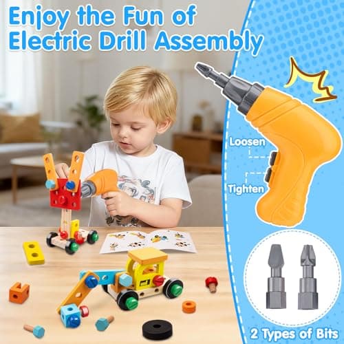 Kids Tool Set Toy for Boys - Educational Montessori Wooden Toddler Play Tool Box with Electric Drill - 59 Pcs STEM Construction Building Toys Christmas Birthday Gifts for 3 4 5 6 Year Old Boys Girls - Thumbnail 2