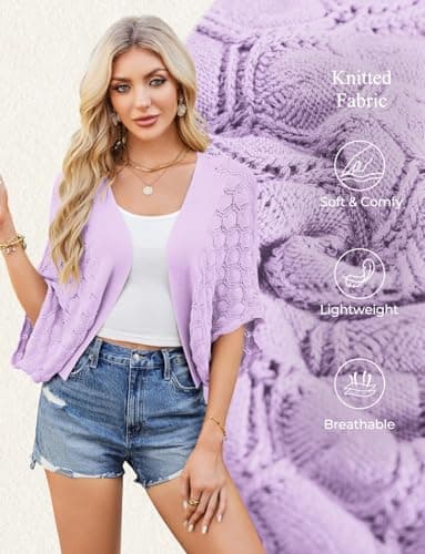Summer Cardigan for Women 2024 Crochet Oversized Shrug Cardigan Light Purple XXL - Thumbnail 6