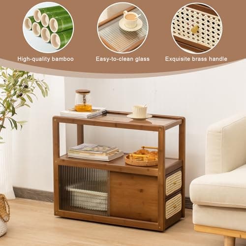 ABAMFUR Bamboo & Rattan Side Table with Glass Top – 2-in-1 End Table and Bedside Cabinet with Drawer Storage for Small Spaces, Bedroom, Living Room,Walnut - Thumbnail 5