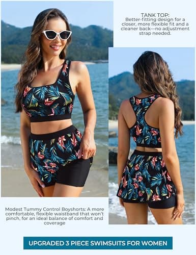 Women's Swim Shirt with Supportive Built-in Bra Tummy Control High-Rise Swim Shorts Printed Swim Suit Traje De Baño Mujer Blue Leaves S - Thumbnail 3