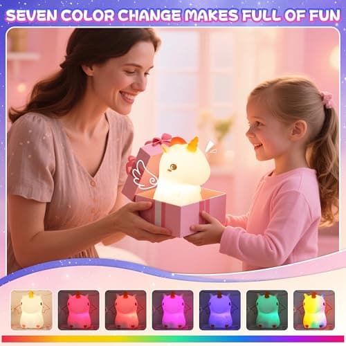 loatme Night Light for Kids, Rechargeable Dimmable Silicone LED Nightlight with 7 Colors, Baby Nursery Night Lamp, Touch Squishy Lamp, Cute Gifts for Girls, Boys, Toddler Room Decor, Unicorn - Thumbnail 2