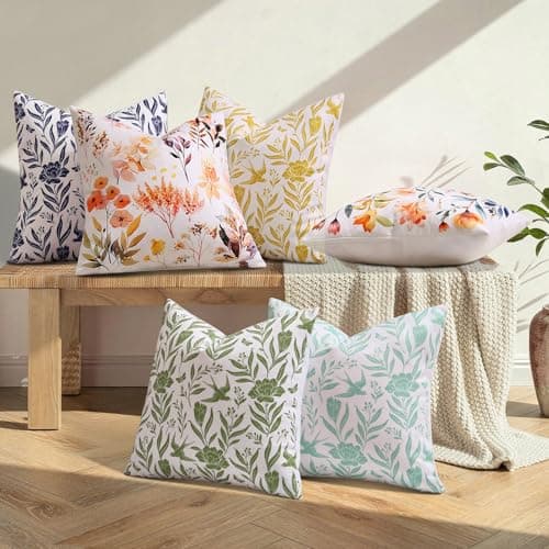 decorUhome Floral Throw Pillow Covers 20x20 Inch Set of 2, Sage Green Vintage Block Print Linen Spring Pillow Covers, Rustic Neutral Toile Farmhouse Decorative Square Pillowcases for Couch Sofa - Thumbnail 5