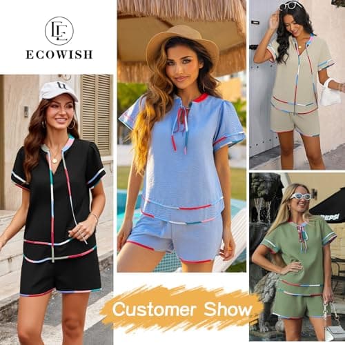ECOWISH Women's 2 Piece Lounge Set Shorts Outfit, V-Neck Babydoll Top with Pocket Shorts Tracksuits For Beach Vacation Holiday Black S - Thumbnail 6