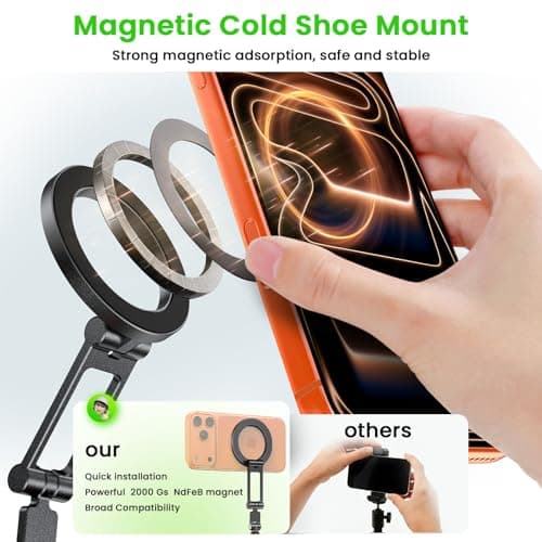LOXP Magnetic phone tripod mount with Cold Shoe,Adjustable Rotatable Aluminum Alloy phone mount for camera, Phone Tripod Holder Adapter with 1/4" Screw, Compatible with iPhone 17/16/15/14/13/12 Series - Thumbnail 3