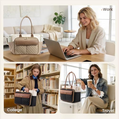 LOVEVOOK 15.6 Inch Teacher Tote Bag for Women Work with Accordion File Area, Laptop Work Tote Bag with Laptop Compartment, nurse Handbag Bags with Large Capacity & Cup Holder, black - Thumbnail 6