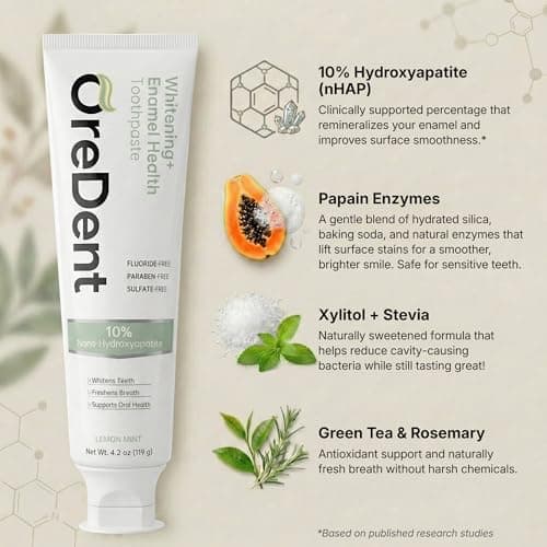 OreDent Fluoride Free 10% Nano Hydroxyapatite Whitening + Enamel Health Toothpaste, Remineralizing, Sensitivity Relief, Xylitol, SLS Free, Lemon Mint Flavor for Adults & Kids, 4.2 oz - Thumbnail 3