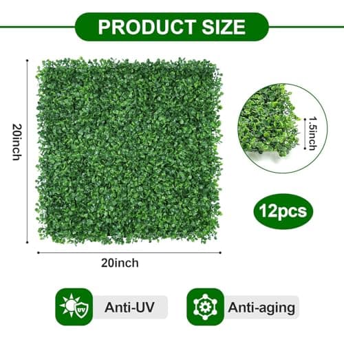 XUESON Artificial Boxwood Panels - 20x20 Inch Realistic Lush Green Wall Decor for Indoor & Outdoor Spaces - Weatherproof, UV Resistant, Tiles with Easy Installation(12PCS) - Thumbnail 4