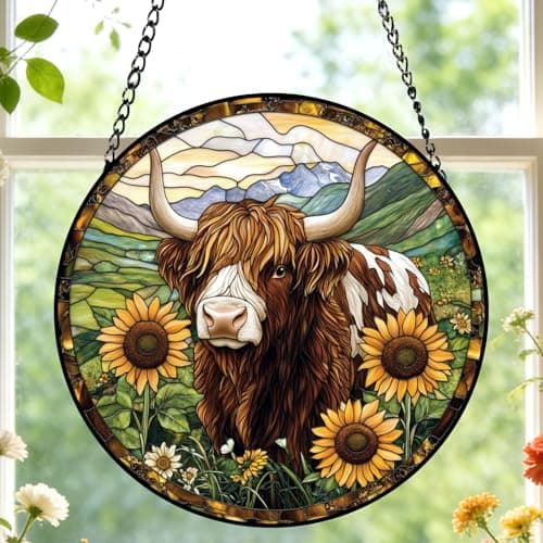 Stained Glass Window Hanging, Highland Cow Suncatcher for Door Home Decor, Sunflowers Sun Catcher Ornament Mother's Day Birthday Gifts for Animal Lovers Women Men Mom 9.8 Inch - Image 1