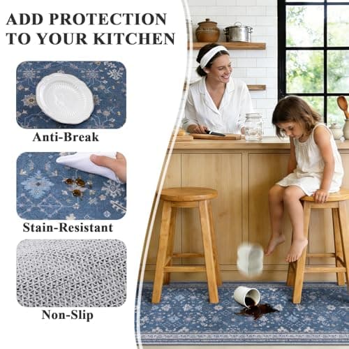 Ileading Kitchen Rugs Sets of 2 Non Slip, Washable Kitchen Mats for Floor with Rubber Bottom, Farmhouse Kitchen Carpet Runner Set for Office, Sink, Laundry, Navy Blue - Thumbnail 3