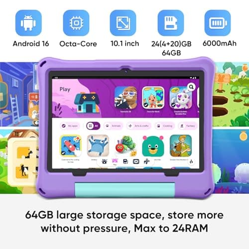 10 inch Kids Tablet, Android 16 Tablet for Kid, Octa-Core Processor, 24GB RAM, 64GB ROM 1TF Card Expandable for Toddler Children,Tablets with Case, Parental Control, 6000mAh,WiFi, BT5.0 (Purple) - Thumbnail 2