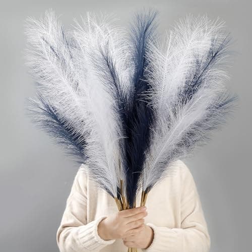 Acfruits 12 Pcs Navy Blue and White Pampas Grass Decor 38"/3.1FT Tall Fake Pompas Floral Large Artificial Pompous Grass Branches Plants for Floor Vase Filler Home Boho Decoration - Image 1