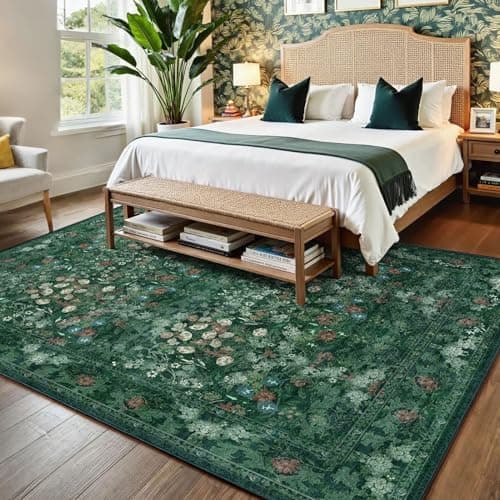 Green Boho Living Room 5x7 Area Rug, Floral Washable Vintage Distressed Rug for Dining Room Under Table, Bedroom, Nursery, Home Office - Low Pile Non Slip Art Deco Carpet, Farmhouse Accent Mat - Thumbnail 2