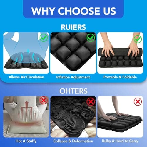 34 Air Cell Self-Inflating Seat Cushion, 3D Air Bubble Design for Tailbone Pain & Hemorrhoid Relief, Pressure Relief Cushion for Office Chair, Car, Wheelchair, Airplane Travel, Home (No Pump Needed) - Thumbnail 6