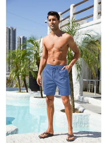 RQP Mens Cotton Linen Shorts Casual Drawstring 7inch Inseam Shorts Stretch Summer Beach Wear,Blue - Thumbnail 2