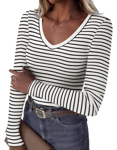 GKBK Womens 3/4 Sleeve Scoop Neck Tops Ribbed Knit Slim Fitted Casual Basic Tee Shirts 2026 Summer Fashion Trendy Work Casual T-Shirt Undershirts Layering Clothes White Black Stripe L - Image 1
