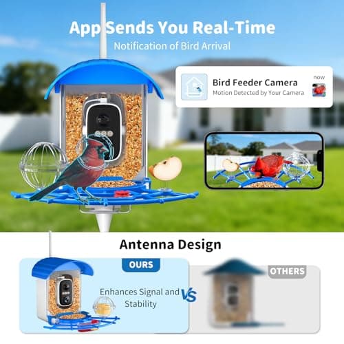 NIORSUN Smart Bird Feeder with Camera Solar Powered, 2K HD Video AI Recognition Feeder with Instant Notifications, Eagle Alarm, Infrared Night Vision, Ideal Gift for Family and Bird Lovers, Blue - Thumbnail 4