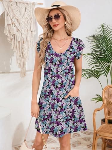 DEARCASE Womens Summer T-Shirt Dresses V Neck Elegant Classy Ruffle Sleeve A-line Tunic Dress 2026 with Pockets Floral Black Tri Colored Flowers X-Large - Thumbnail 3