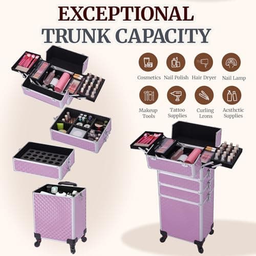 TOPACK Professional 4-In-1 Rolling Makeup Train Case, Large Makeup Travel Case with Key Shoulder Strap/Handle Cushion I Makeup Train Case Organizer I Cosmetology Case on Wheels I Pink - Thumbnail 3