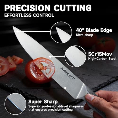 KEYCUT 13 PCS Knife Set with Block, Upgraded 5Cr15Mov High Carbon Stainless Steel Kitchen Knife Sets with Block and Sharpener, Ergonomic Full-Tang Handle, Professional Kitchen Knife Set - Thumbnail 3