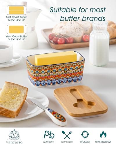 vancasso SIMI Butter Dish with Lid, 6.5" Large Butter Dish for Countertop, Bohemian Ceramic Butter Keeper Container with Knife and Bamboo Lid, Butter Holder for Counter, Regal Bloom - Thumbnail 3