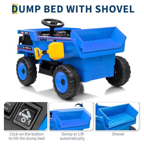 Garvee 12V Ride On Dump Truck for Kids, Ride On Car with Remote Control, Construction Vehicles with Dump Bed & Shovel, Ride-On Toys 16.5 in Spacious Seat, Music, Headlights, Soft Start, Blue - Thumbnail 4