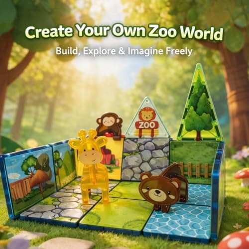 LATI Magnetic Tiles Building Set, Zoo World Animal Magnet Blocks with Giraffe, Lion & Bear, STEM Build & Play Toy for Kids Ages 3-8, Educational Gift for Boys & Girls - Thumbnail 3