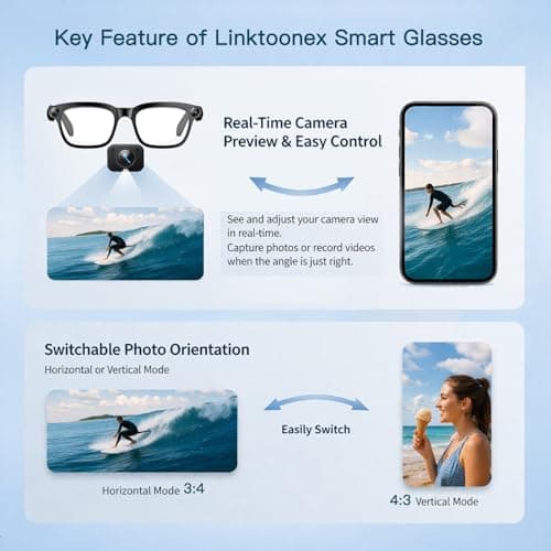 linktoonex AI Smart Glasses with Camera for Men Women, 4K Video Recording, Real-Time Translation, Photochromic Lenses, Open Ear Bluetooth Audio, POV Camera Glasses for Travel Cycling Driving - Thumbnail 4