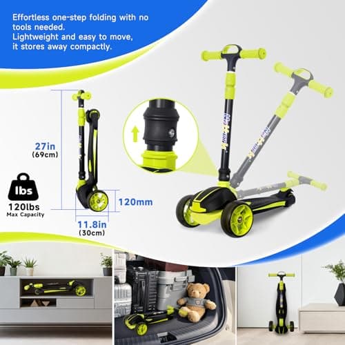 Nattork Kick Scooter for Ages 3-8, Light Up 3-Wheels Foldable Scooter with 4 Adjustable Height for Boys & Girls, Lean to Steer,Anti Slip Deck,Toddler Scooter 120lbs Weight Capacity Green - Thumbnail 6