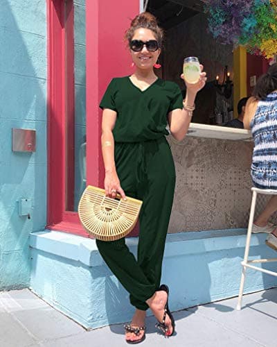 PRETTYGARDEN Jumpsuits for Women 2026 Spring Summer Casual Dressy Short Sleeve Romper Airport Vacation Travel Outfits (Dark Green,Large) - Thumbnail 4