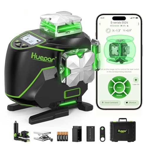 Huepar Laser Level 360 Self Leveling, S04CG Pro 4x360°Bluetooth Green Lazer Leveler Tool with Pulse Mode, LCD Screen, Magnetic Bracket, Rechargeable 4D 16 Lines Laser Level for Construction/Tile/Floor