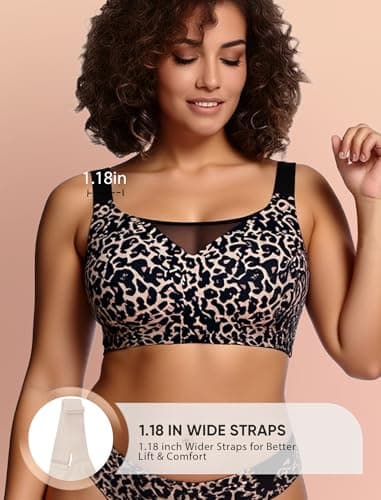 Easybunny Wireless Bras for Women Seamless Supportive V Mesh Bralette Minimizers Comfortable Tshirt Bra for Older Women Leopard 3XL - Thumbnail 3