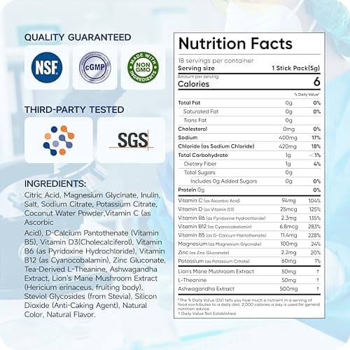 Electrolyte Powder 18 Packs – Sugar Free Liquid Daily IV Drink Mix | 1,000mg Total of 5 Electrolytes, 5 Vitamins | Ashwagandha, L-Theanine | Non-GMO for Rapid Hydration | Mix Berry (Variety) - Thumbnail 3